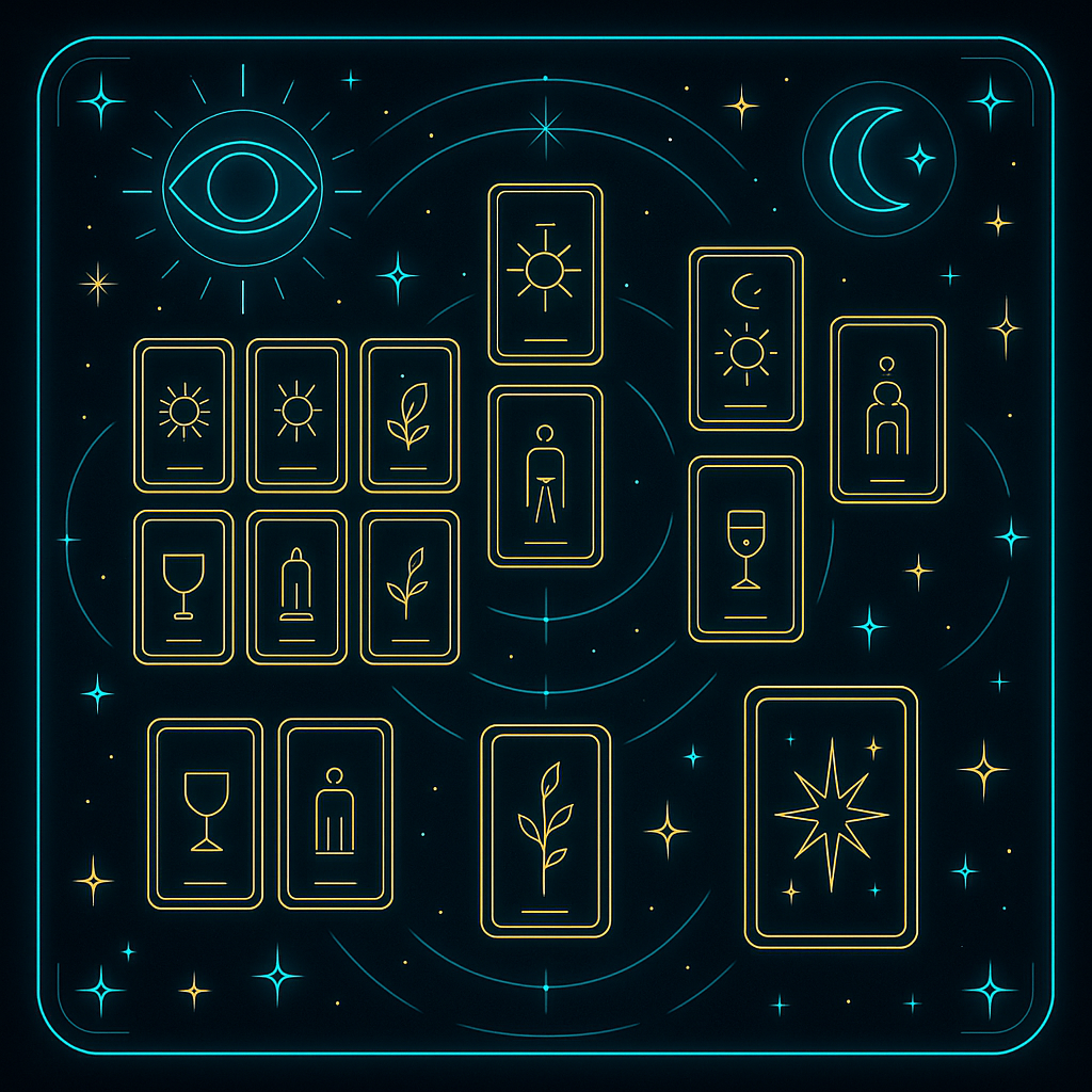 Layout gráfico de cartas de tarot em neon com símbolos celestiais